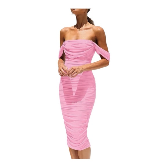 PRETTY GARDEN Off The Shoulder Ruched Bodycon Dresses Sleeveless Midi Dress - Picture 1 of 13